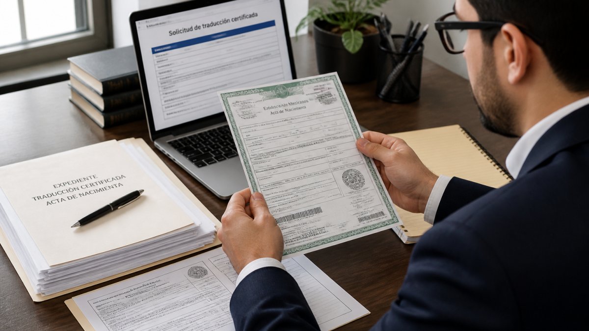 Professional reviewing birth certificate and official documents at desk with laptop showing certified translation request form, natural office lighting