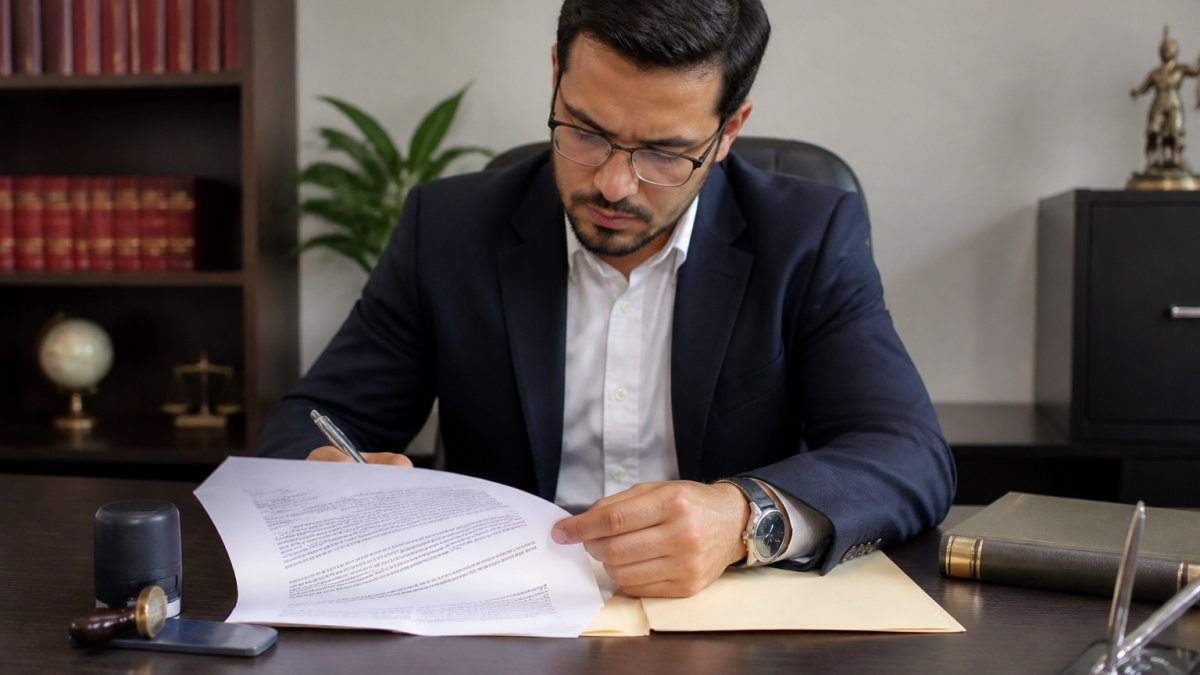 Traductor revisando documentos con sello y firma para una traducción certificada para visa en una oficina profesional