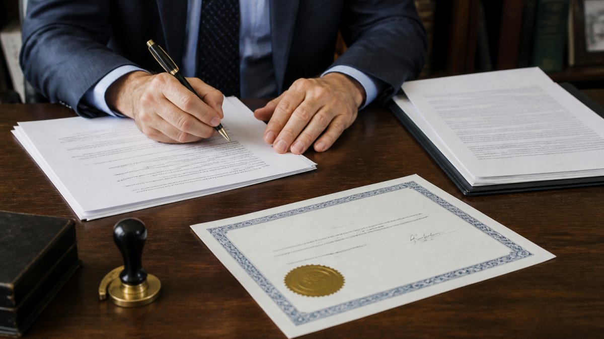 Professional translator reviewing documents on desk with official seal, signature, and certificate of accuracy visible