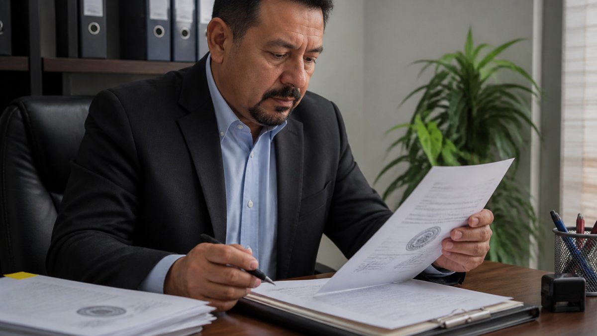 Professional perito traductor certificado reviewing official documents with seal and signature visible on organized desk with proper lighting