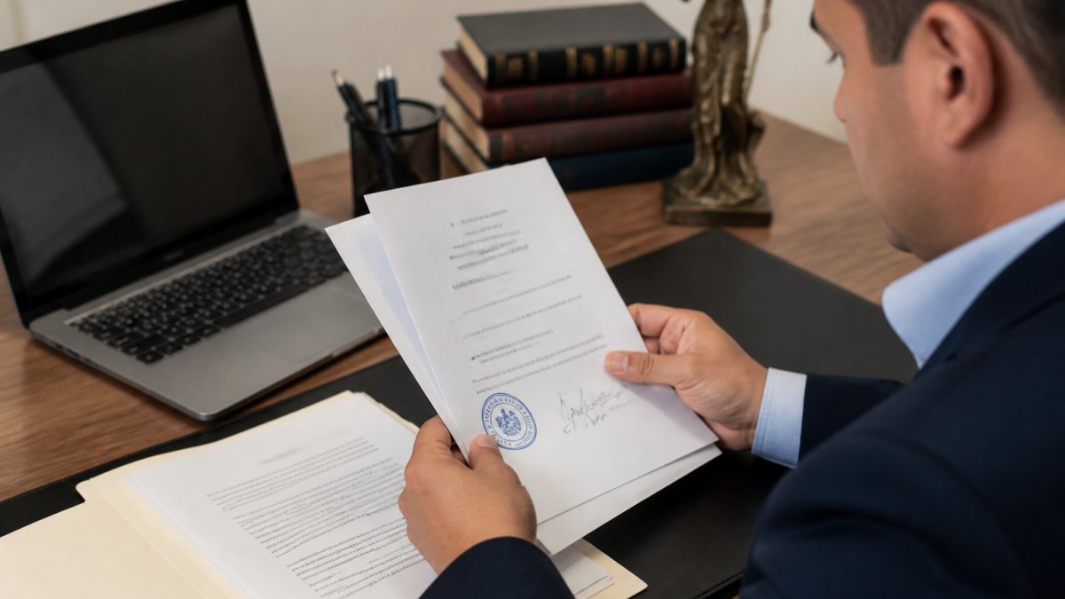 Persona revisando documentos oficiales con sello y firma sobre un escritorio de oficina, junto a una computadora portátil mostrando un portal de consulta pública